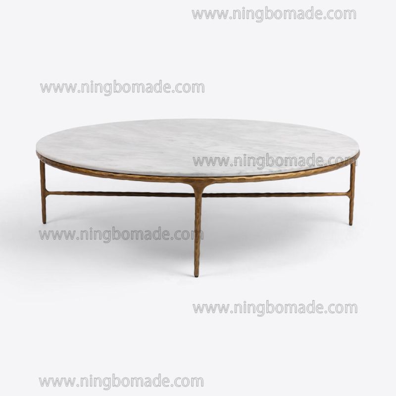 Rustic Hand Hammered Collection Furniture Forged Solid Iron Metal with Brass Color Thick White Marble Round Coffee Table