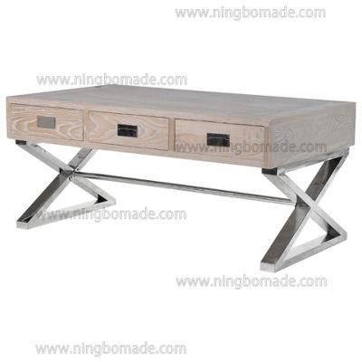Coastal English House Furniture Weather White Oak Shining Stainless Steel Coffee Table