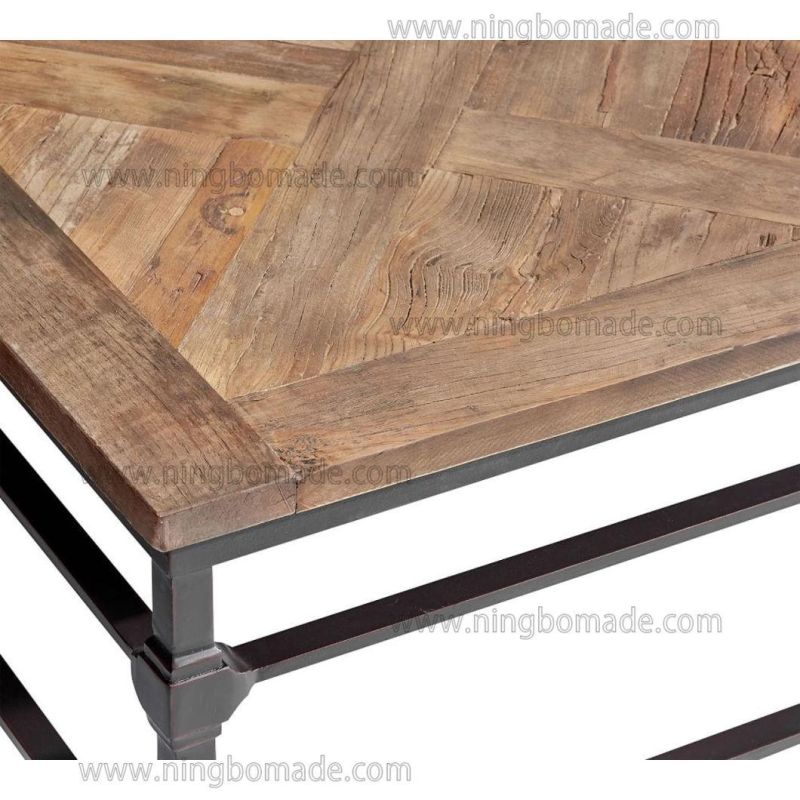 Grained Mosaic Parquet Furniture Natural Reclaimed Elm Top Rustic Black Iron Base Square Coffee Table