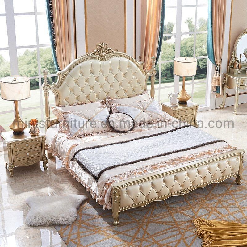(M-CB78) Luxury Classic European Bedroom Bed Furniture Genuine Leather Wood Bed