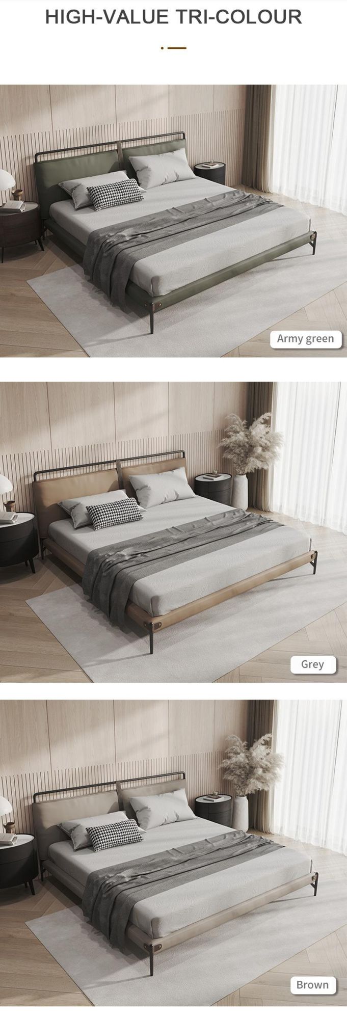 Nordic Design Home Bedroom Furniture Wood Frame Leather Bed