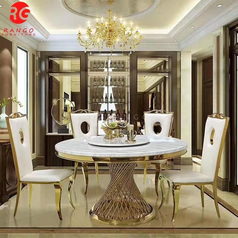 Golden Stainless Steel Marble Top Round Shape Roating Top Luxury Wholesale Dining Table with Leather Dining Chairs