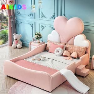 Heart-Shaped Children&prime; S Leather Bed Child Guardrail Slide Bed Single Bed Girl Bed Princess Bed