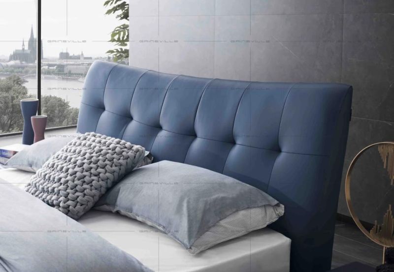 Foshan Factory Gainsville Modern Furniture Dark Blue Color Leather King Bed in Bedroom Furniture