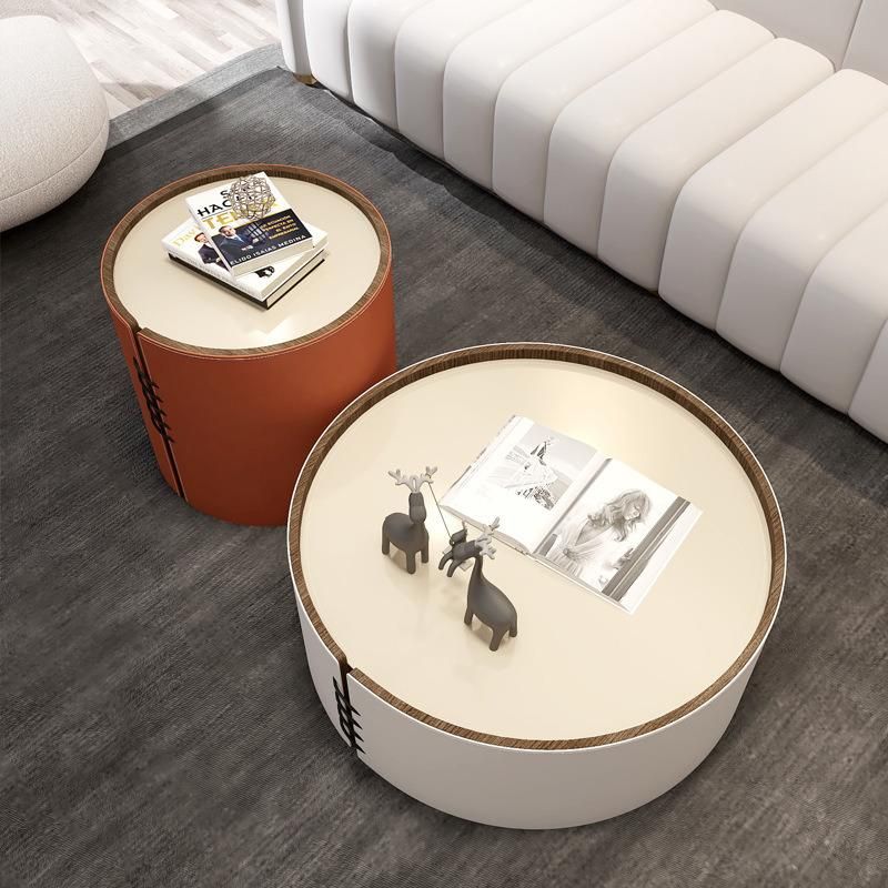 Home Furniture Orange Leather Marble Rock Plate Coffee Table Set