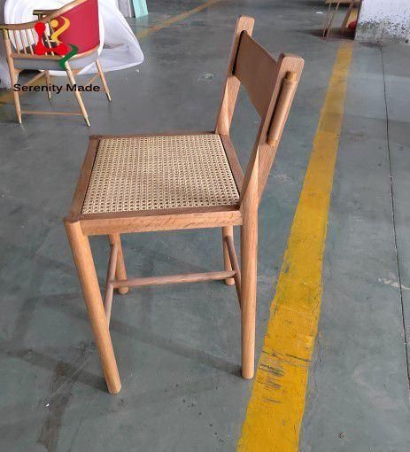 Vintage High-End Hotel Resort Restaurant Rattan Wood Frame PU Leather Backrest High Counter Stool Bar Chair