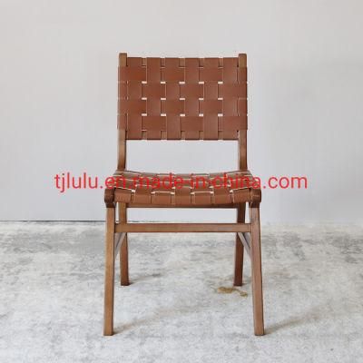 Retro Style Patio Hotel Restaurant Walnut Wooden Chair Woven Rope Leather Rattan Leisure Dining Chair for Outdoor Garden Furniture