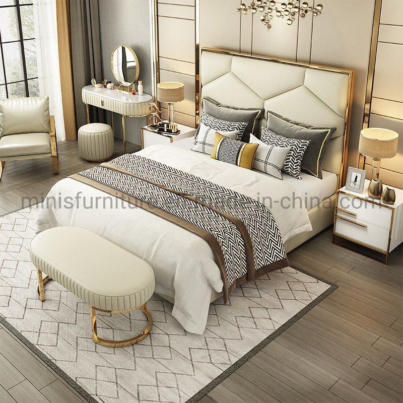 (MN-MB94) Chinese Bedroom Luxury Gold Frame Leather Bed with Bed Bench