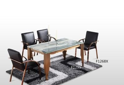 Luxurious Home Furniture Dining Set Marble Table with Rose Metal Frame 6 Chairs Leather