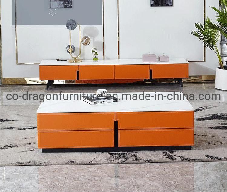 Luxury Living Room Furniture Leather Tea Table with Marble Top