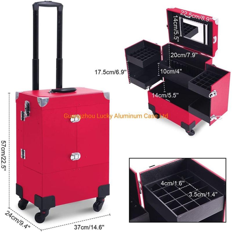 Professional Cosmetic Case Leather Trolley Lockable Large Beauty Organizer for Salon Barber