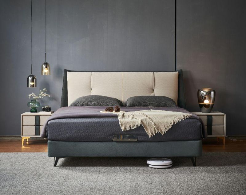 2021 Hot Selling Modern Platform Bed Set Bedroom Furniture Leather/Fabric Upholstered Wooden King Beds