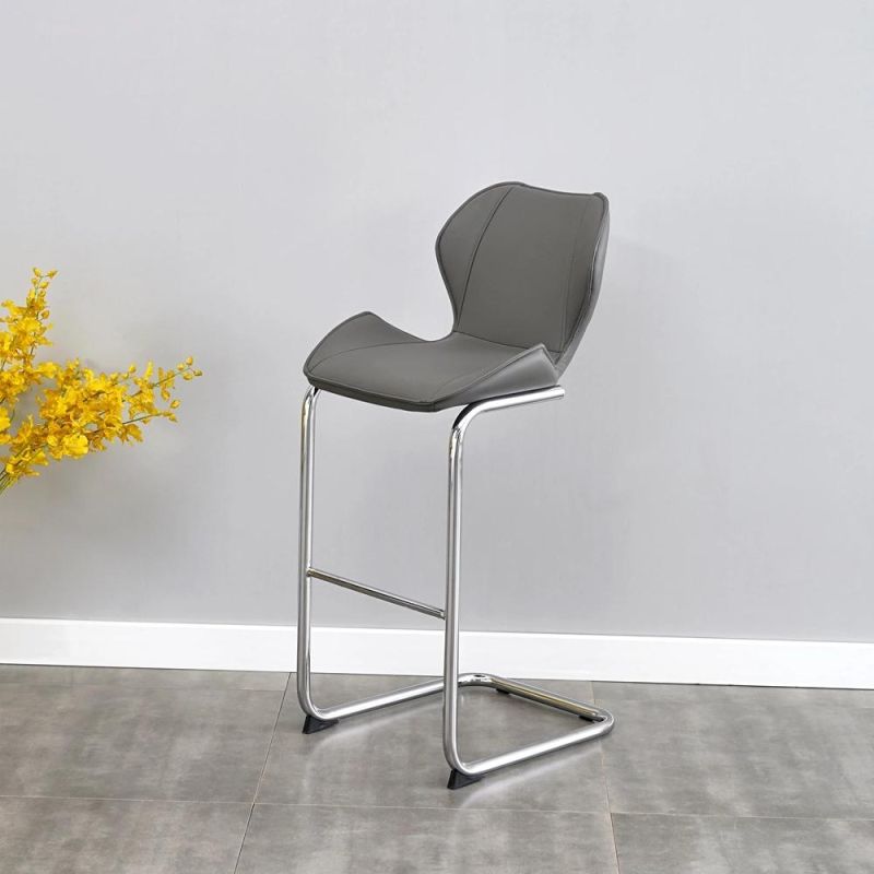 High Quality Kitchen Counter Hotel Restaurant Grey High Chair Leather Seat Home Bar Stool with Footrest Black Legs