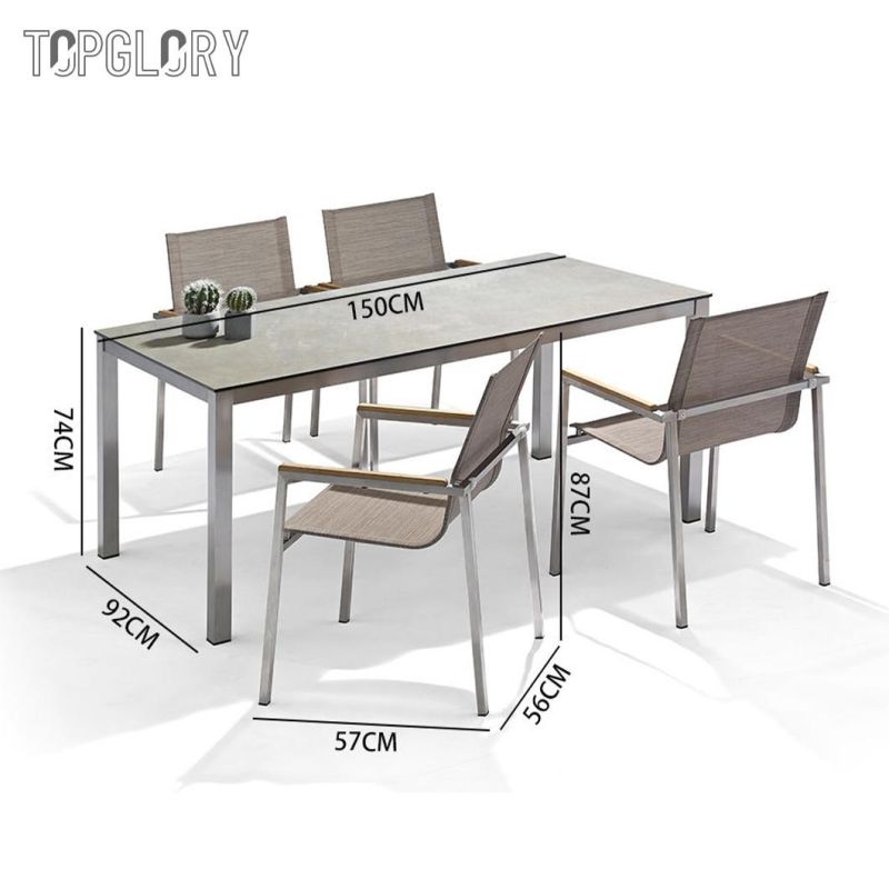 Modern Outdoor Furniture Stainless Steel Tube Frame Armrest Design Imported Dining Table and Chair