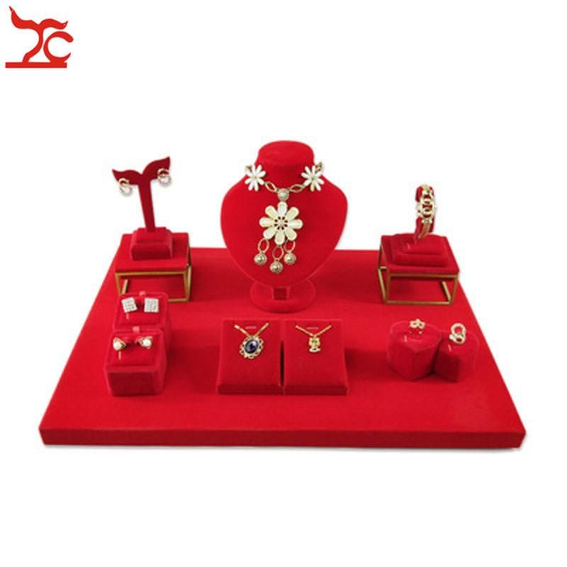 Red Velvet Jewelry Display Wedding Ring Necklace Bracelet Stand Store Counter Showcase