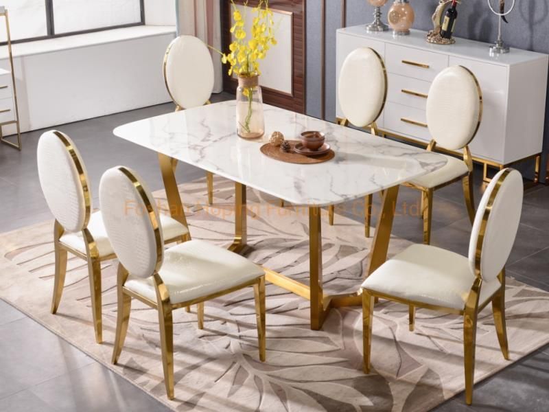 6 Seater Glass Dining Table and Chairs Top Furniture Foshan Factory Stainless Steel Metal Chair Round Back Design Banquet Chair