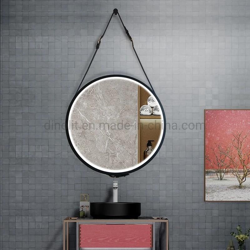 Modern Round Bathroom Mirror Wall Decoration Vanity Illuminated LED Mirror Defogger with Leather/PU Belt