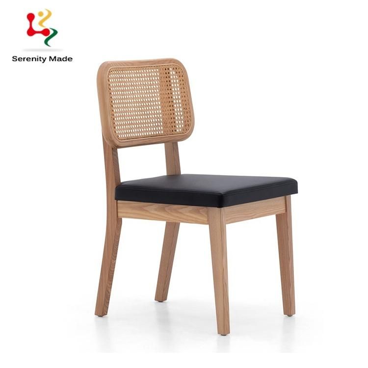 Modern Commerical Furniture Restaurtant Wooden Frame PU Leather Seat Rattan Back Dining Chair