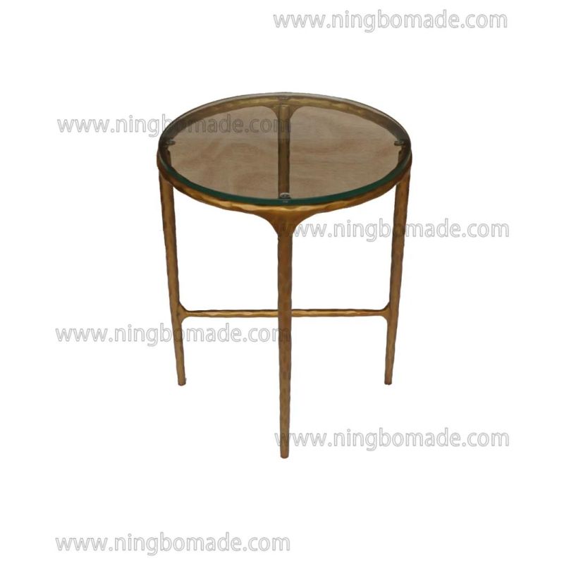 Rustic Hand Hammered Collection Furniture Forged Solid Iron Metal with Brass Color Thick Tempered Glass Round Corner Table