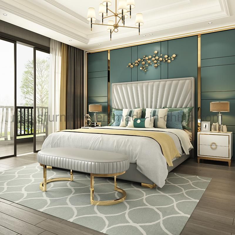 (MN-MB94) Chinese Bedroom Luxury Gold Frame Leather Bed with Bed Bench