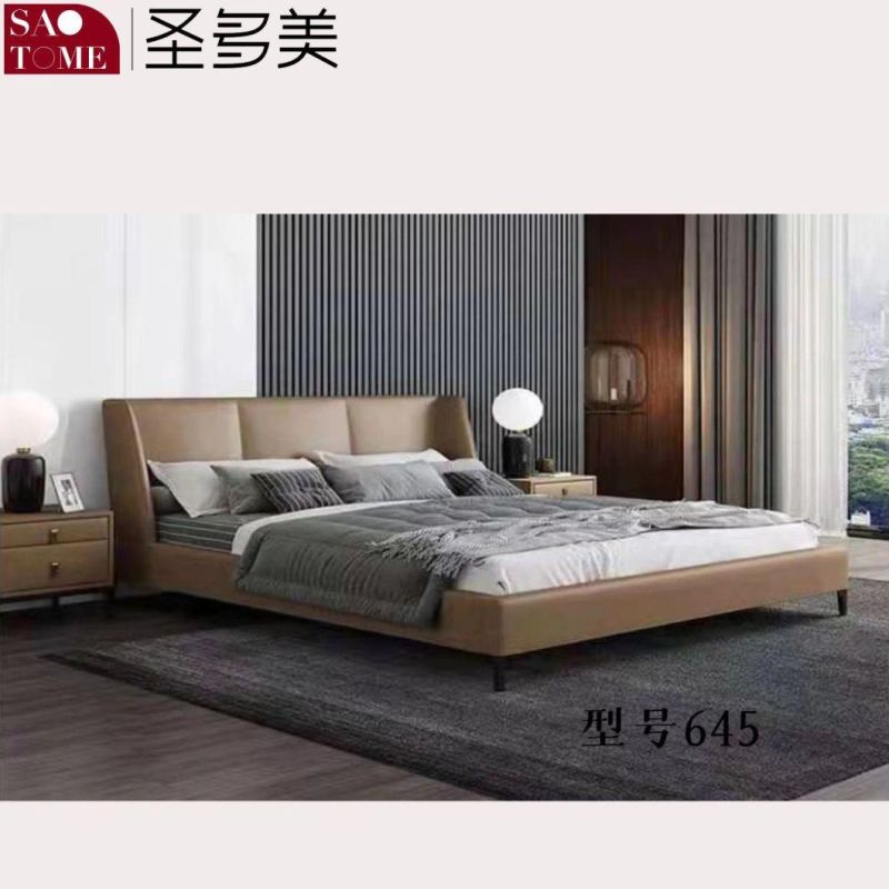 Modern Hotel Steel Wood Solid Wood Beige Leather Double King Bed