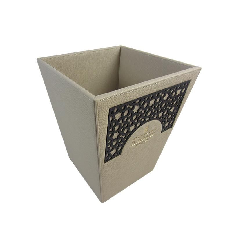 Durable Guestroom Grey PU Leather Waste Bin Trapezoidal Shape with Laser Flowers Pattern