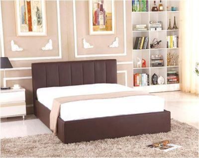 Bedroom Double Leather Bed with Brown Top Leather and Striated Headboard