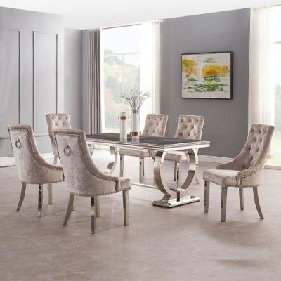 Metal Mirror Silver Stainless Steel Frame Marble Top Dining Set Tables