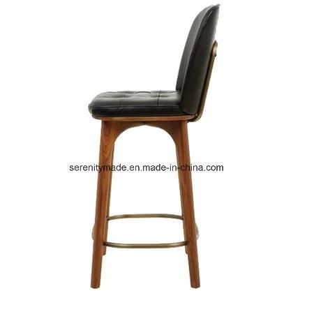 Vintage Black Leather Armless Wood Bar Chair Stool for Club