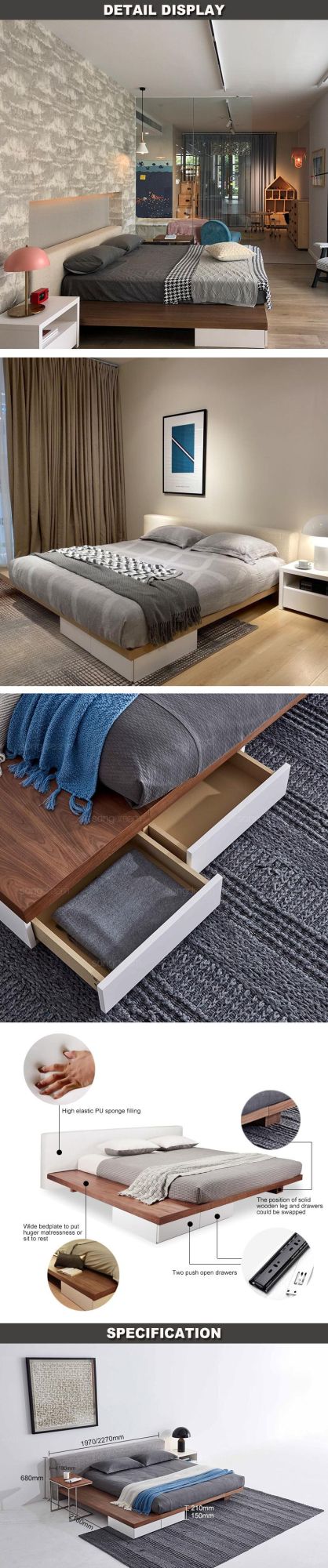Modern Fabric Wooden Bedroom Hotel Furniture Queen Beds