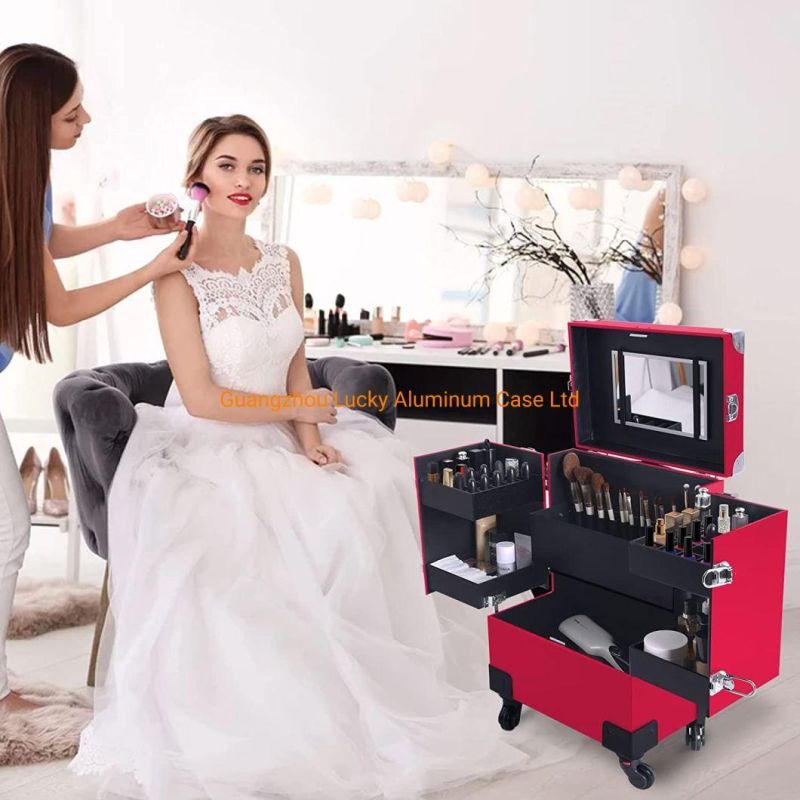Professional Cosmetic Case Leather Trolley Lockable Large Beauty Organizer for Salon Barber