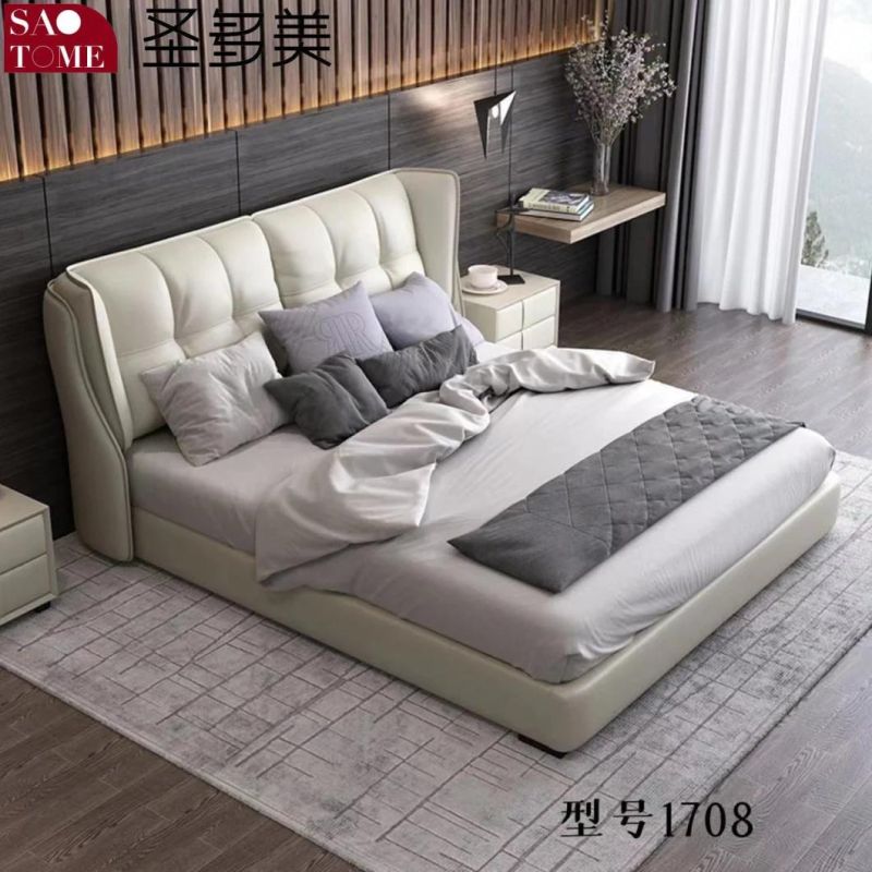 Modern Bedroom Furniture Kaqi Color Leather Solid Wood Frame Double Bed
