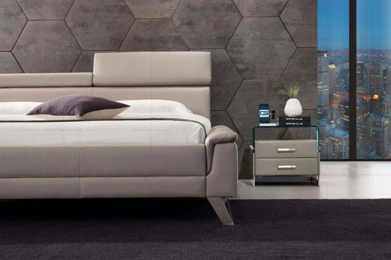 Chinese Factory Bedroom Functional Headrest King Size Leather Wall Bed with Storage Box Bed