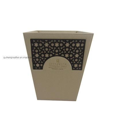 Durable Guestroom Grey PU Leather Waste Bin Trapezoidal Shape with Laser Flowers Pattern