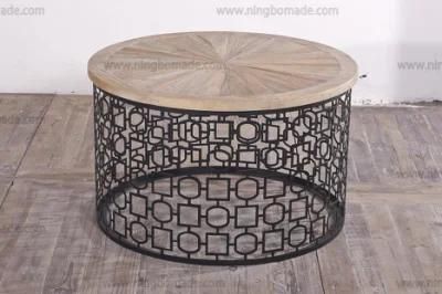 Nordic MID Century Furniture Grey Cross Reclaimed Elm and Black Iron Round Coffee Table