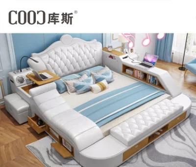 European Multifunction furniture Leather Massage Bed Camas Solid Wood Frame King Bed