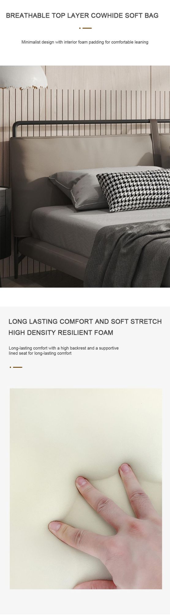 Nordic Design Home Bedroom Furniture Wood Frame Leather Bed