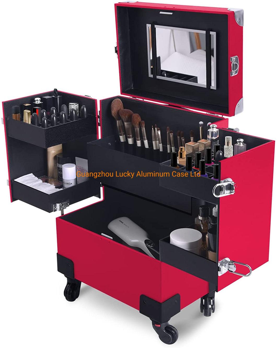 Professional Cosmetic Case Leather Trolley Lockable Large Beauty Organizer for Salon Barber