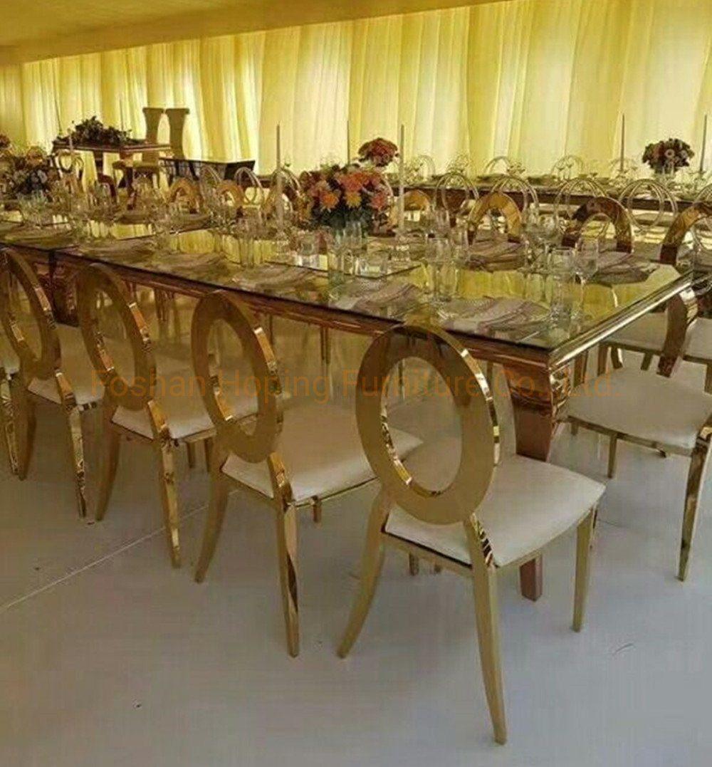Space Saving Stainless Steel Dining Table and Chairs Special Romantic Wedding Furniture Cone Back Stacking Metal Chiavari Chair for Event Dining Room