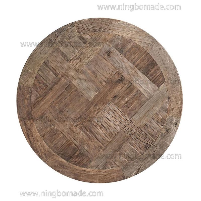 Grained Mosaic Parquet Furniture Natural Reclaimed Elm Top Rustic Black Iron Base Round Coffee Table