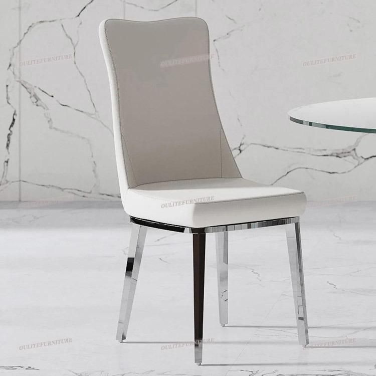 White Leather Silver Dining Chair with Glass Top Dining Table