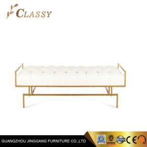 Golden Metal Framed Large Bench Bed Chair Stool with White Leather Foam Cushion