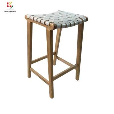 Vintage Country Style Micro Fiber Leather Strap Solid Ash Timber Frame White Ash Wood Stool