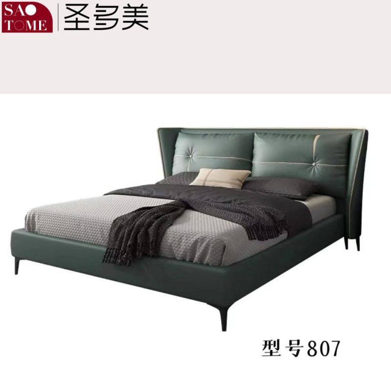 Hotel Bedroom Furniture Kaki Color Leather Solid Wood Frame Double Bed