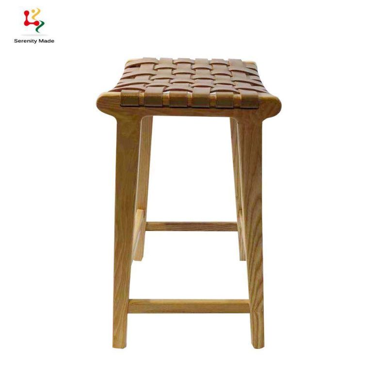 New Arrival Country Style Micro Fiber Leather Strap Woven Seat Restaurant Natural Tan Bar Wooden Bar Stool