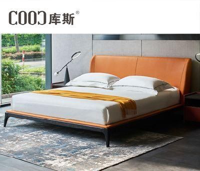 1903 Simple Solid Wood Frame Orange King Size Leather Bed