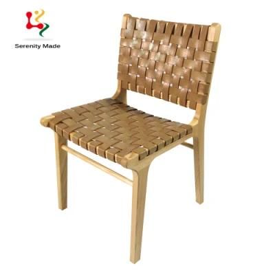 Commercial Grade Restaurant Furniture Leather Woven Solid Wood Frame Dining Chair