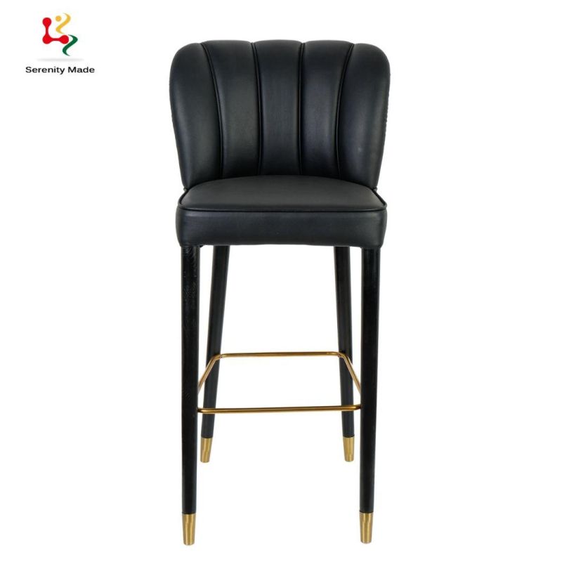 Simplicity European Style Black Leather Upholstery Bar Stool with Brass Footrest