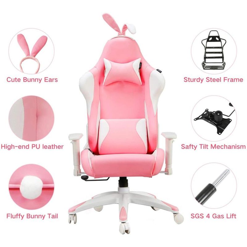 Silla De Cuero PU PARA Ordenador De Carreras, Silló N Ergonó Mico De Espalda Alta Con Orejas De Conejo Rosa, Kawaii, Rosa