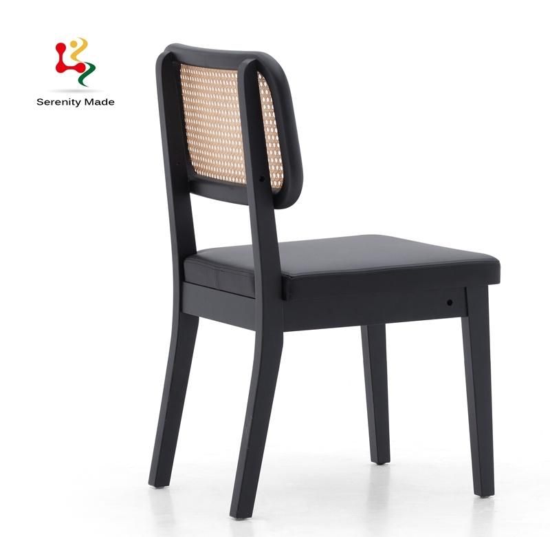 Modern Commerical Furniture Restaurtant Wooden Frame PU Leather Seat Rattan Back Dining Chair
